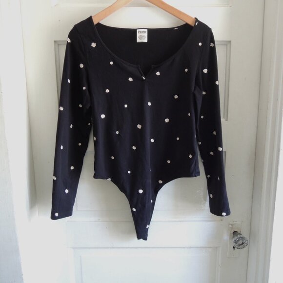 VS Pink Black & White Floral Daisy Bodysuit L - Picture 1 of 5